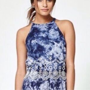 Kendall & Kylie Blue Tie Dye  Graphic Embellished Embroidered Boho Tank Top
